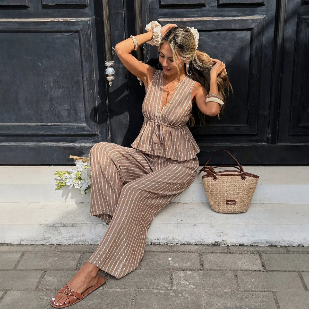 Women's Striped Sleeveless Top & Wide-Leg Pants Two-Piece Set STYLE SOURCE