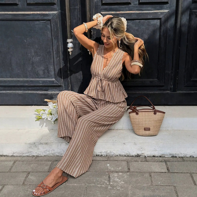 Women's Striped Sleeveless Top & Wide-Leg Pants Two-Piece Set STYLE SOURCE
