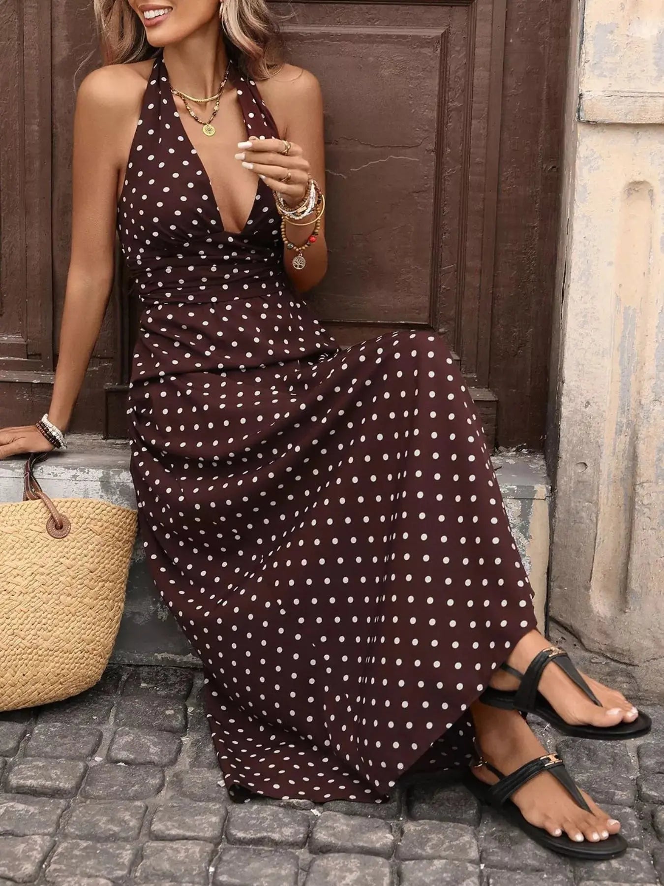 Halter Neck Polka Dot Maxi Dress STYLE SOURCE
