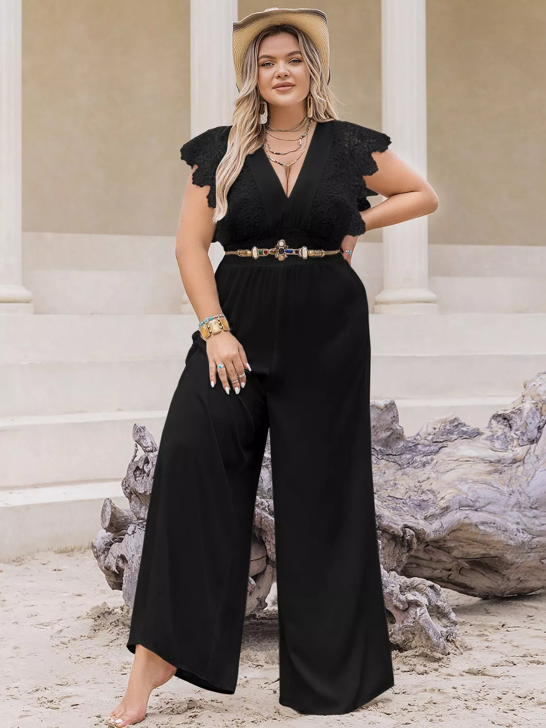 Plus Size Lace Cap Sleeve Wide Leg Jumpsuit STYLE SOURCE