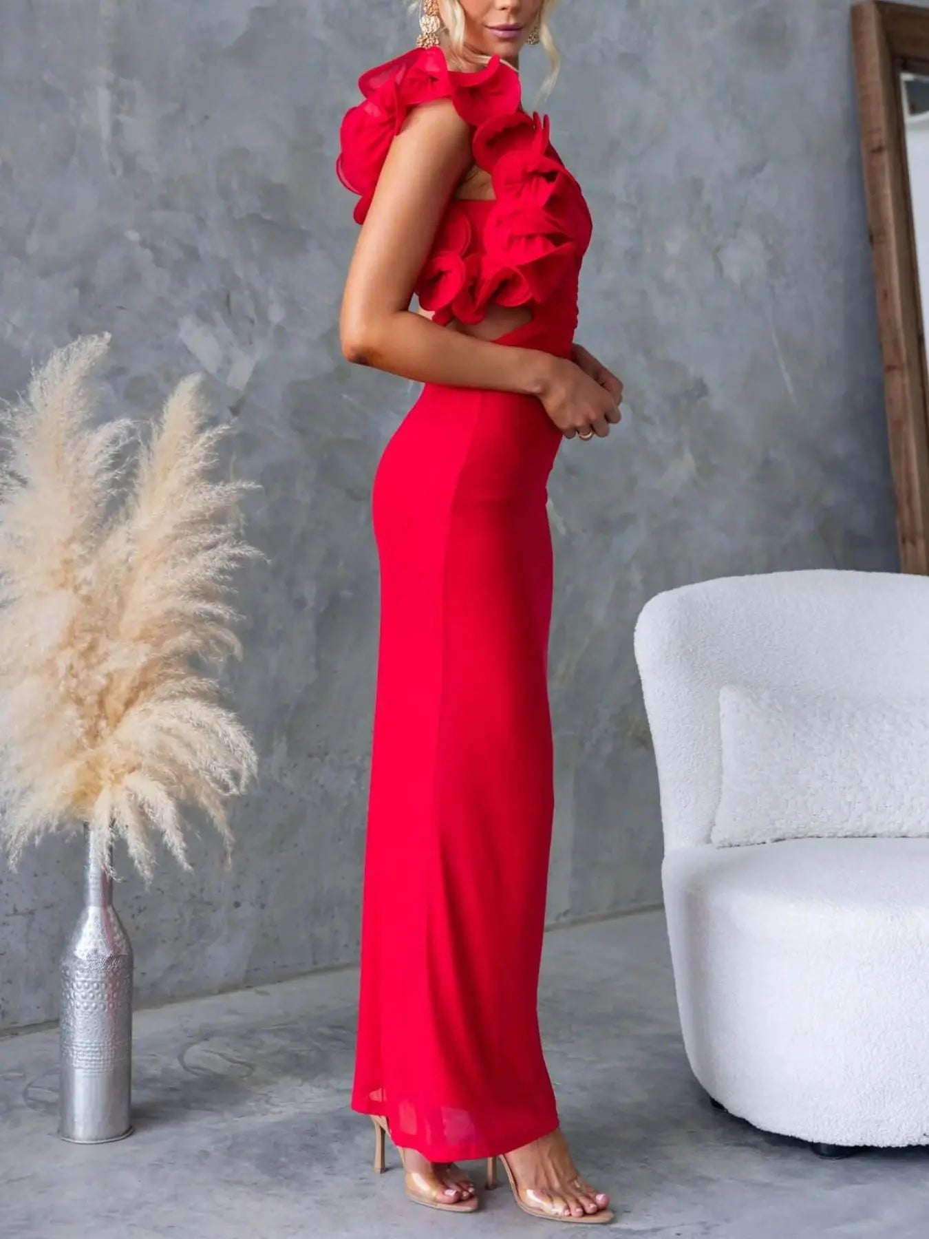 One-Shoulder Floral Trim Sleeveless Maxi Dress STYLE SOURCE