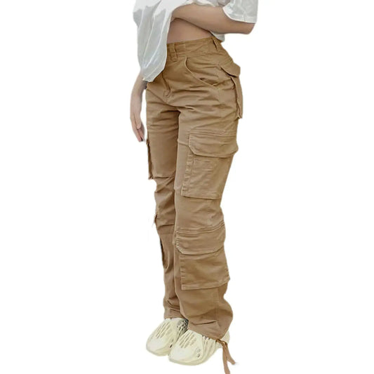 High Waisted Cargo Pants for Women Baggy Y2k Straight Wide Leg Pants with Pockets Streetwear A-Khaki STYLE SOURCE