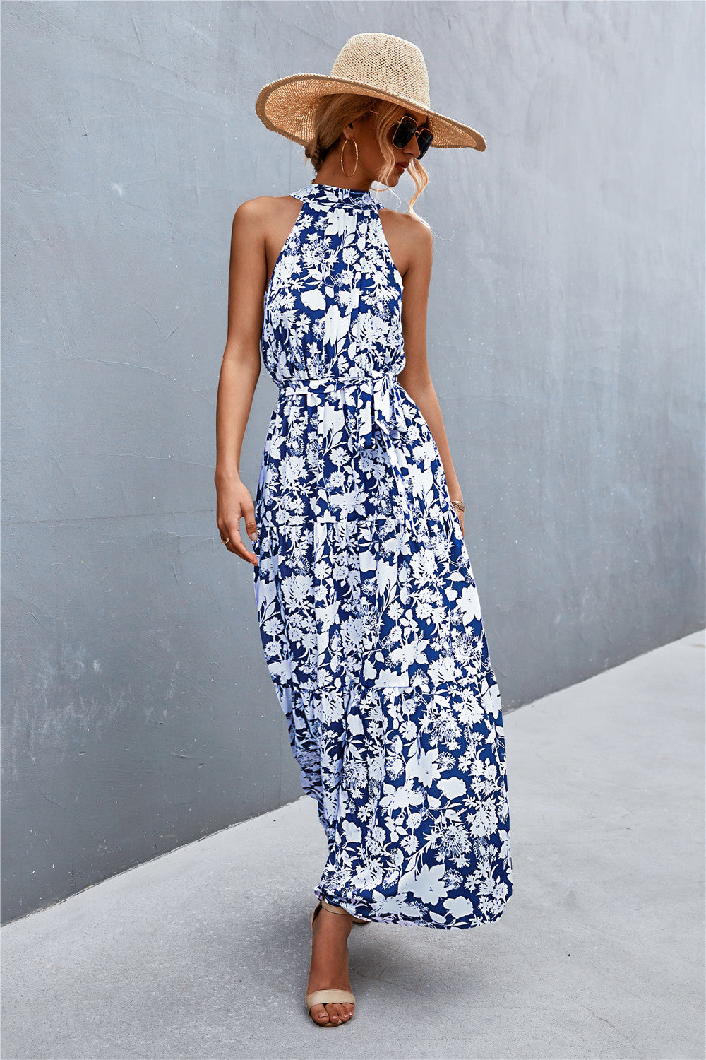 Printed Sleeveless Tie Waist Maxi Dress STYLE SOURCE