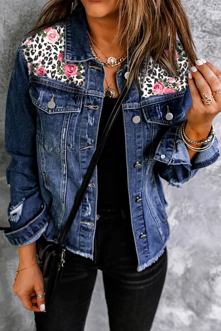 Mixed Print Distressed Button Front Denim Jacket STYLE SOURCE