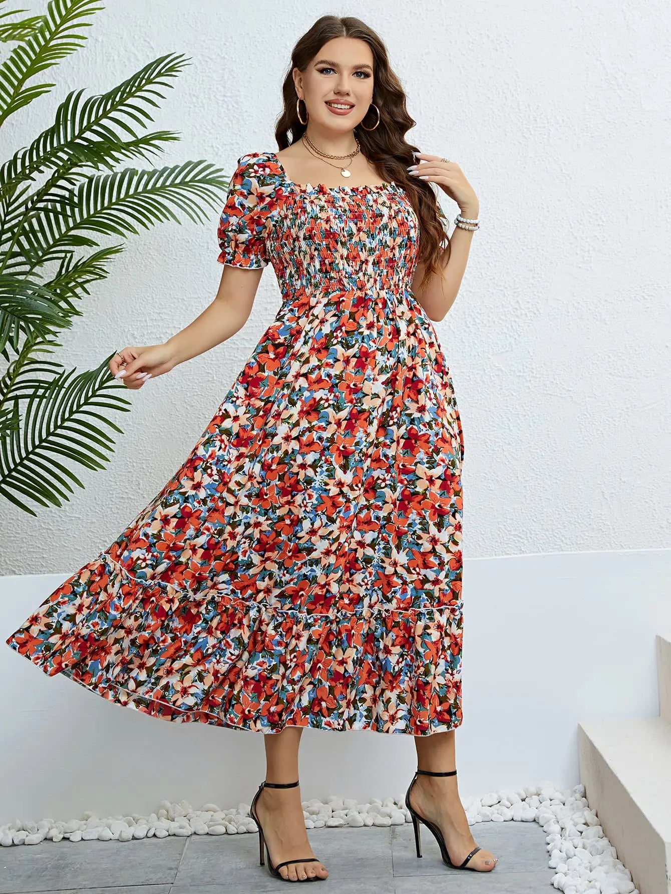 Plus Size Floral Smocked Square Neck Dress STYLE SOURCE