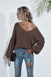 V-Neck Long Sleeve Dropped Shoulder Knit Top STYLE SOURCE