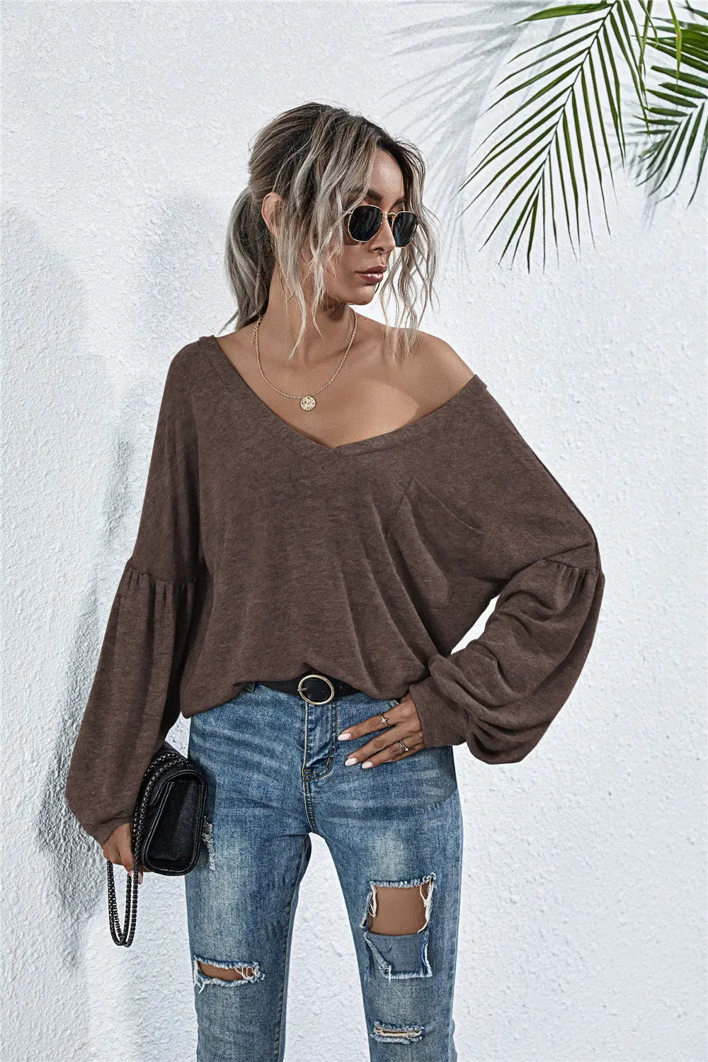 V-Neck Long Sleeve Dropped Shoulder Knit Top STYLE SOURCE