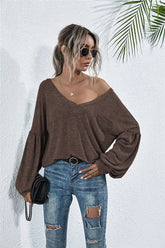 V-Neck Long Sleeve Dropped Shoulder Knit Top STYLE SOURCE