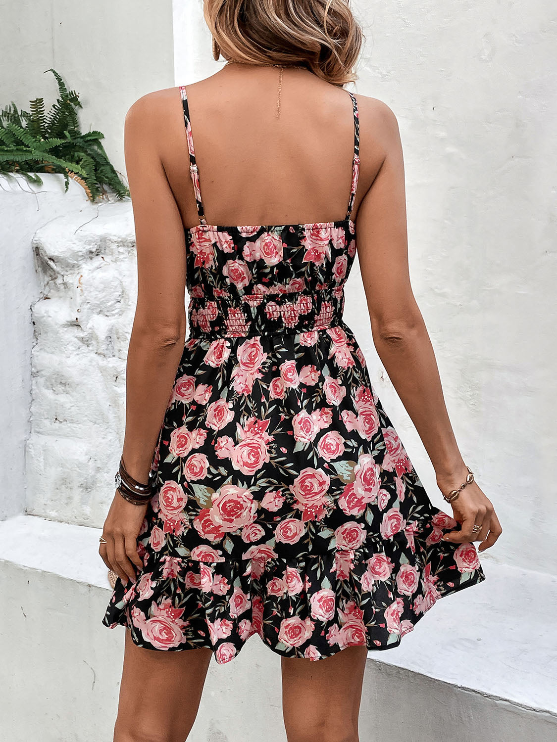 Tied Rose Print Spaghetti Strap Dress STYLE SOURCE