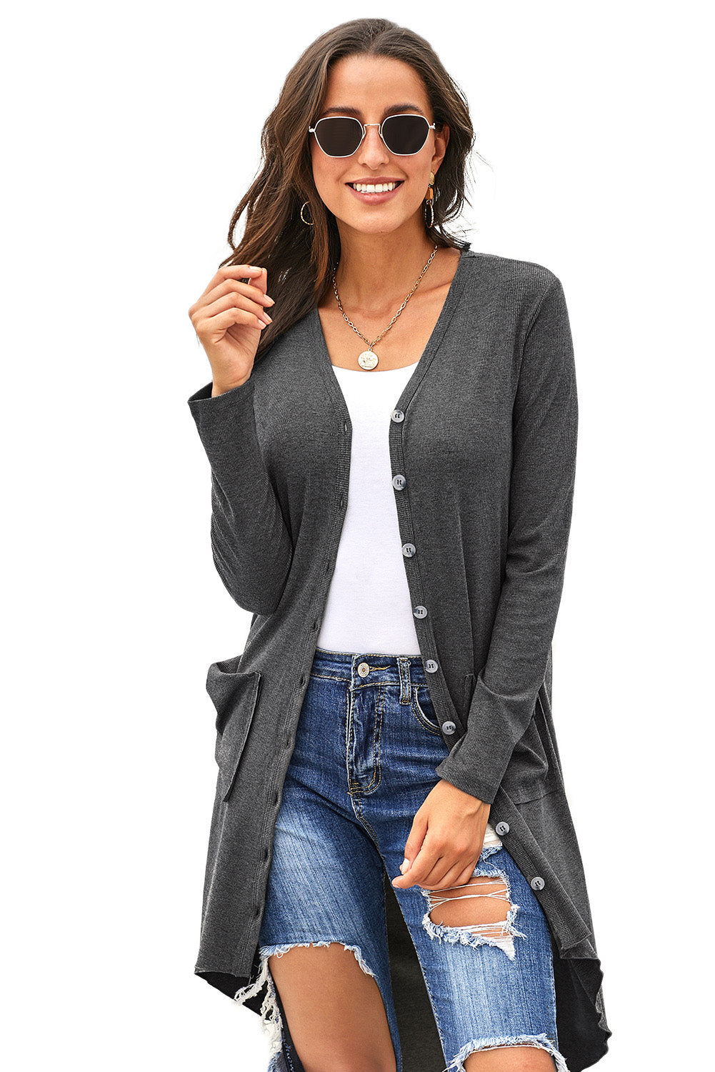 V-Neck Long Sleeve Cardigan with Pocket STYLE SOURCE