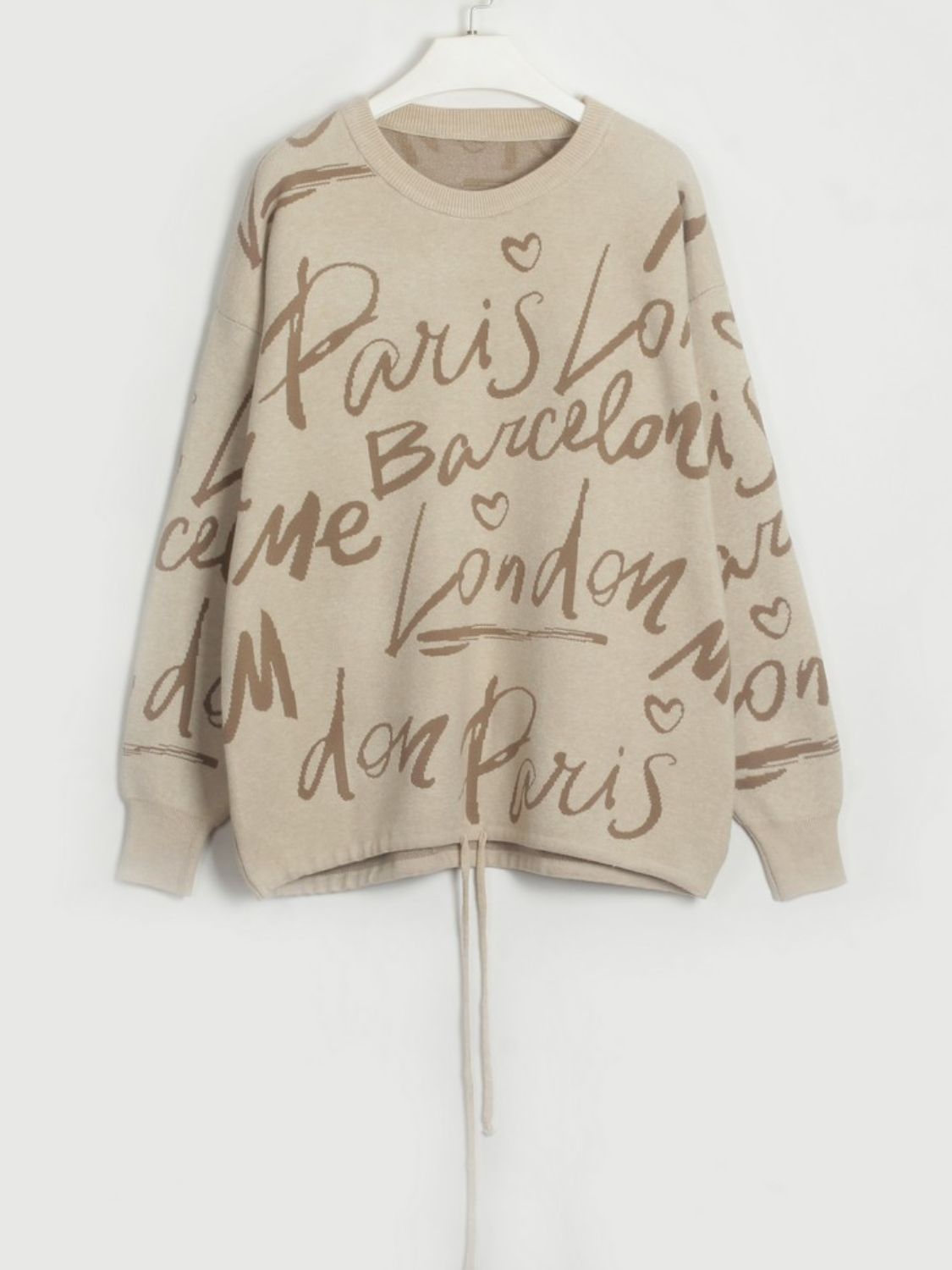 Letter Round Neck Drawstring Sweater STYLE SOURCE