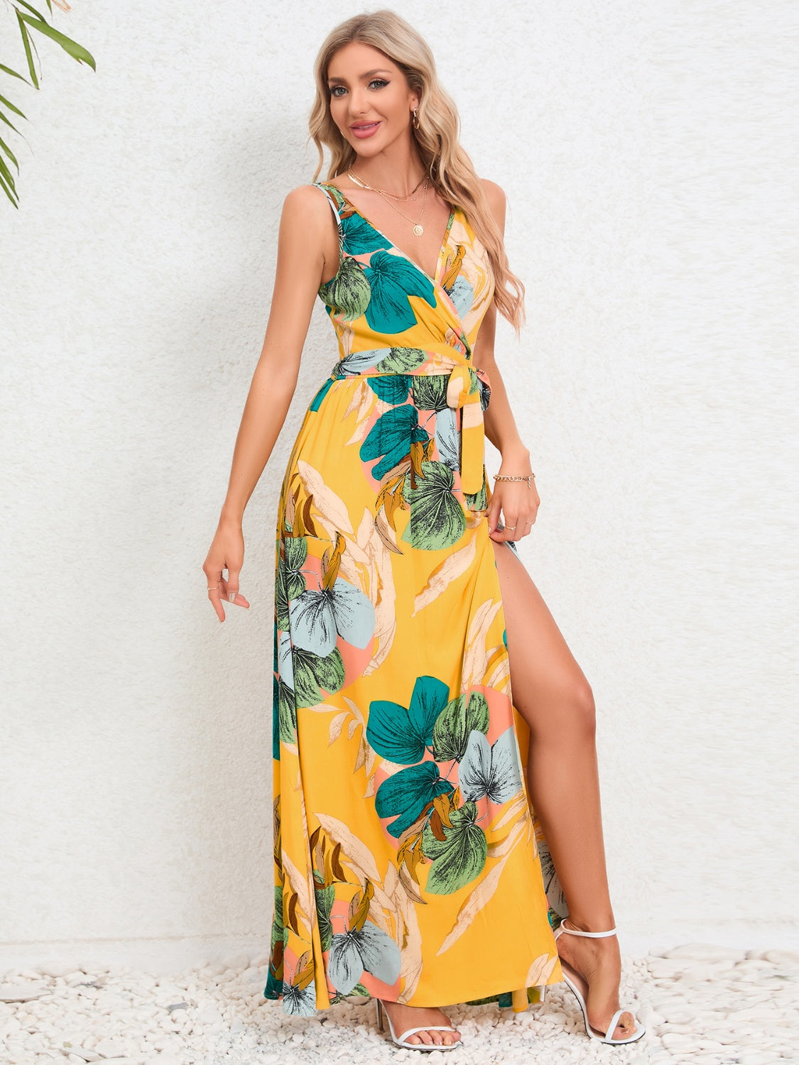 Slit Tied Printed Surplice Dress STYLE SOURCE