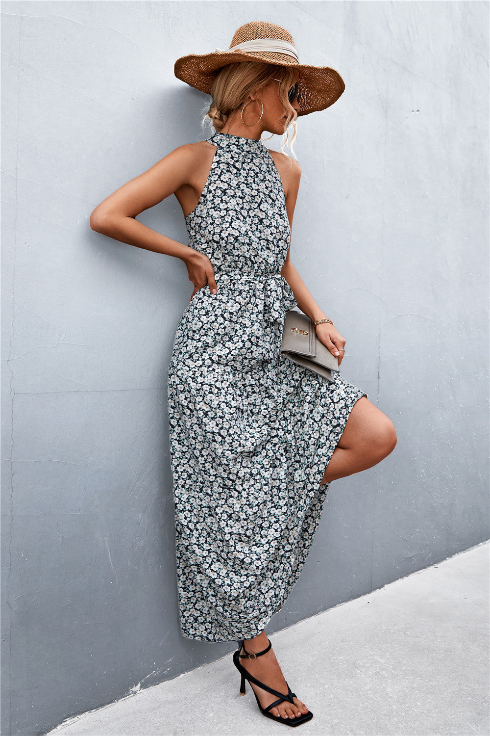 Printed Sleeveless Tie Waist Maxi Dress STYLE SOURCE