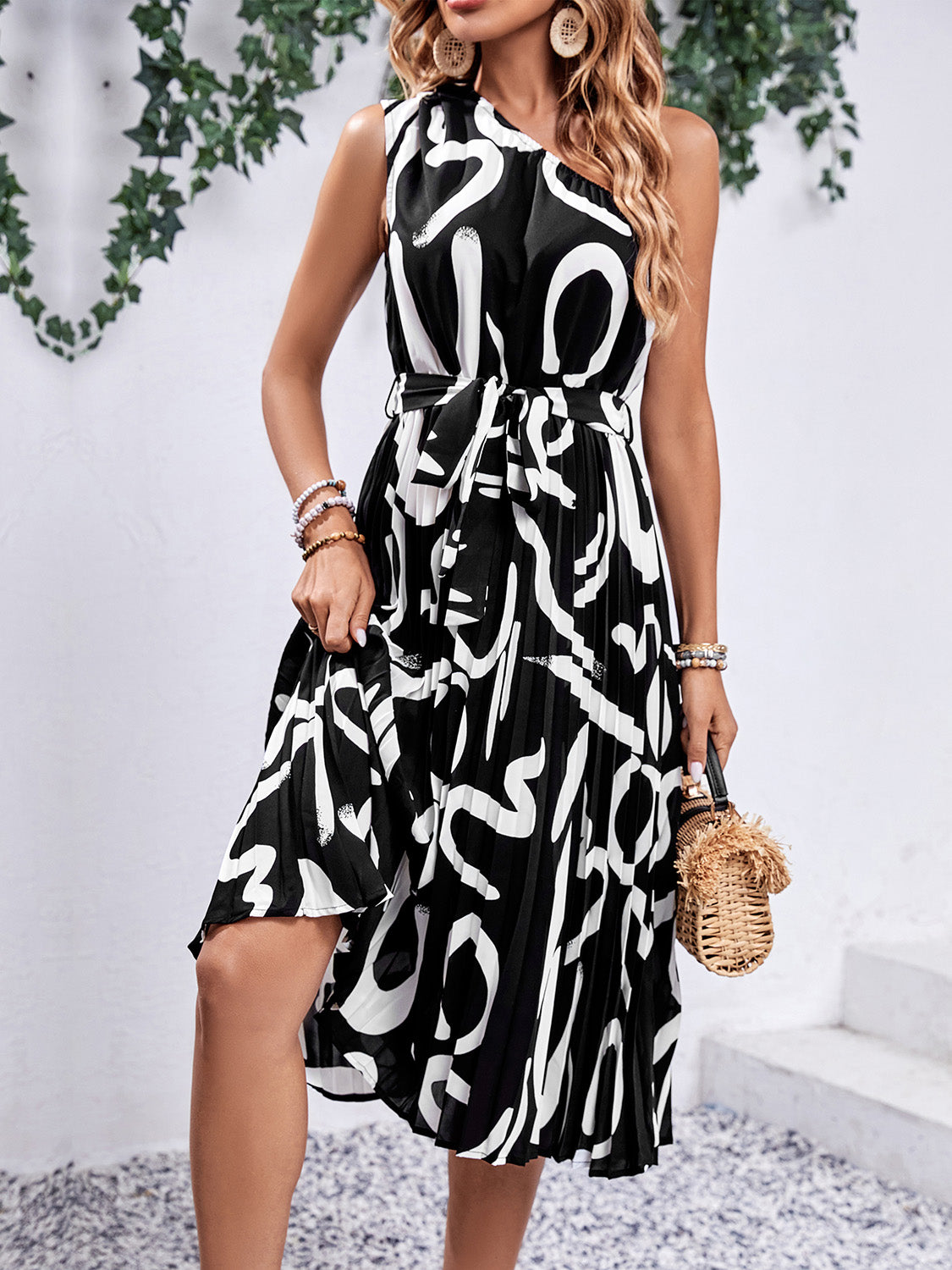 Printed Single Shoulder Tie Waist Dress STYLE SOURCE