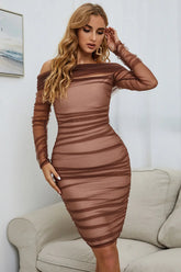 Off-Shoulder Ruched Long Sleeve Tulle Dress STYLE SOURCE