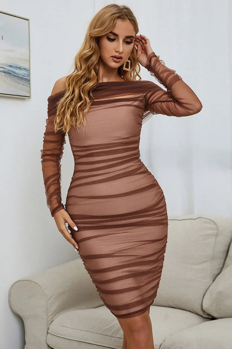 Off-Shoulder Ruched Long Sleeve Tulle Dress STYLE SOURCE