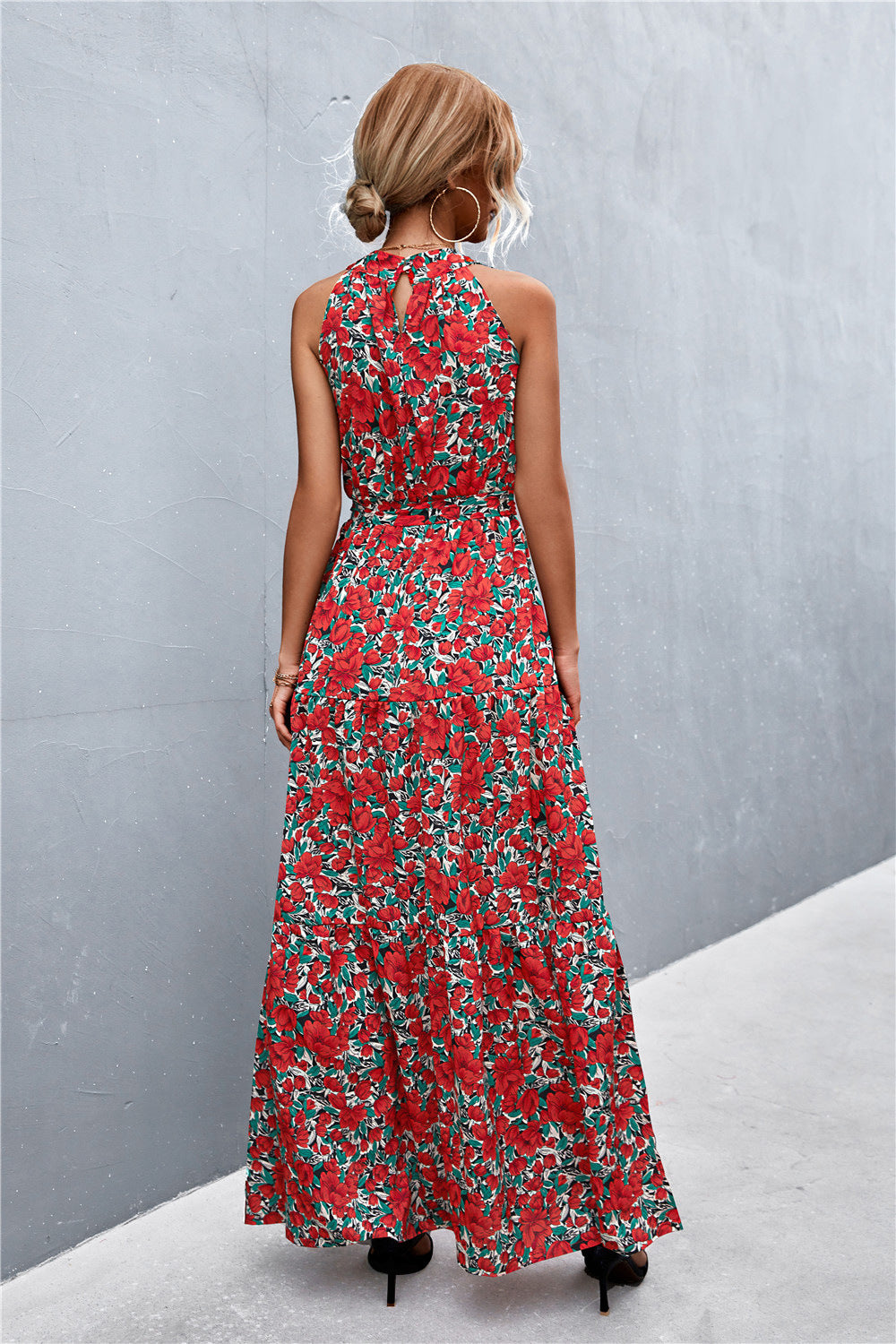 Printed Sleeveless Tie Waist Maxi Dress STYLE SOURCE