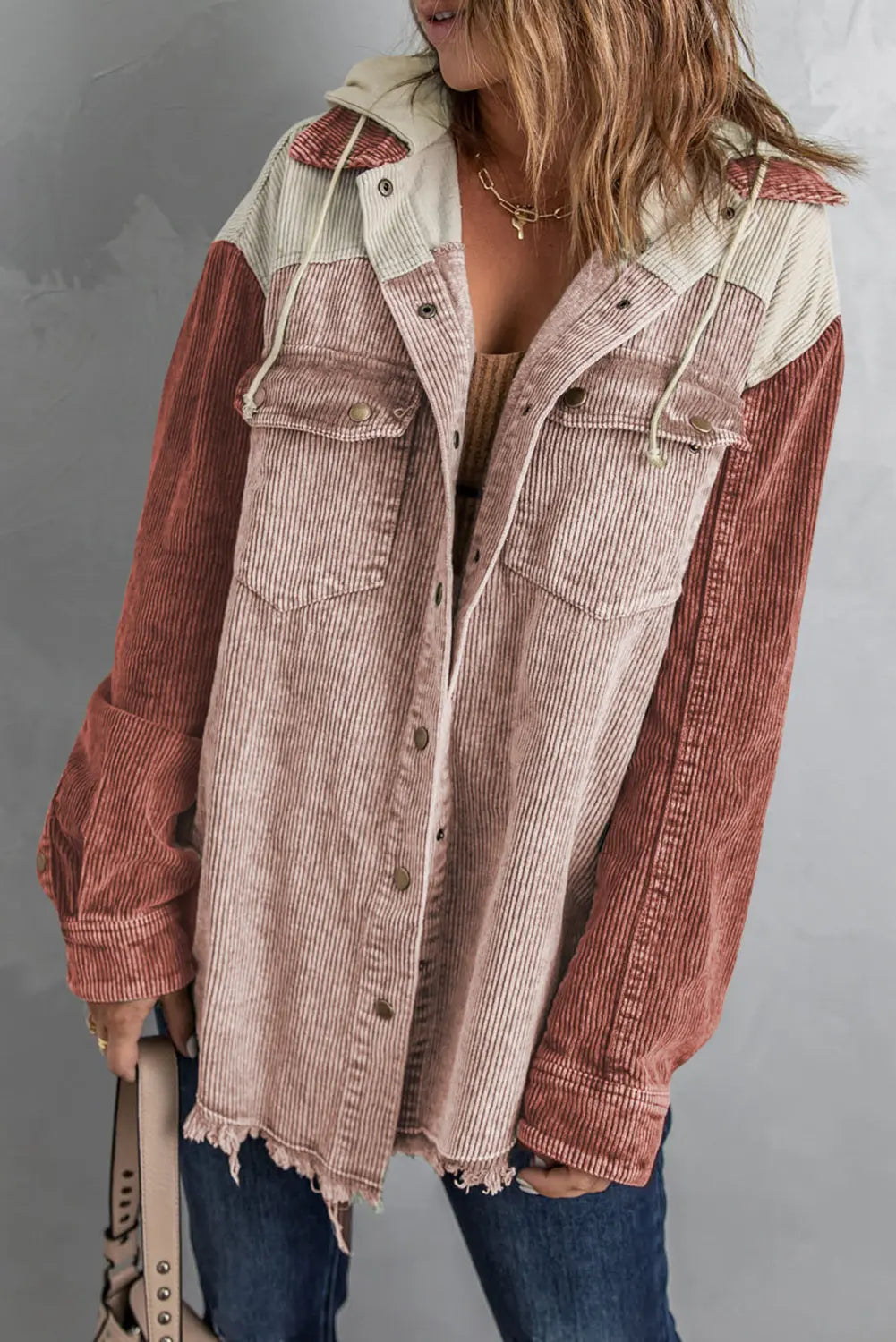 Snap Front Hooded Corduroy Shacket STYLE SOURCE