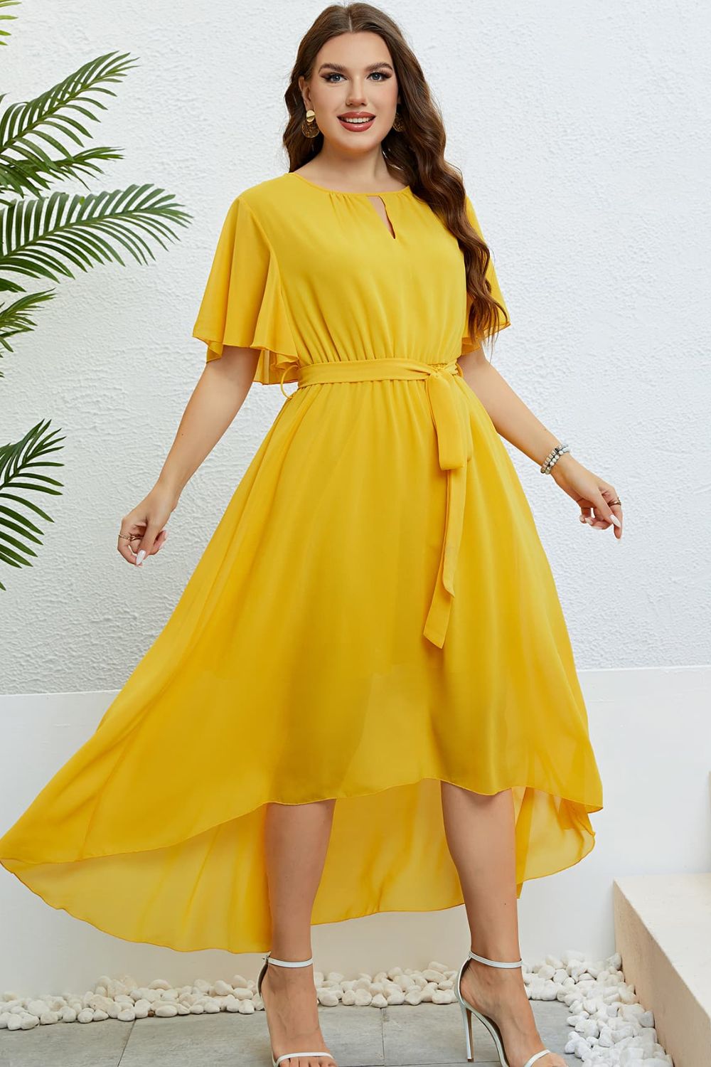 Belted Flutter Sleeve High-Low Dress STYLE SOURCE