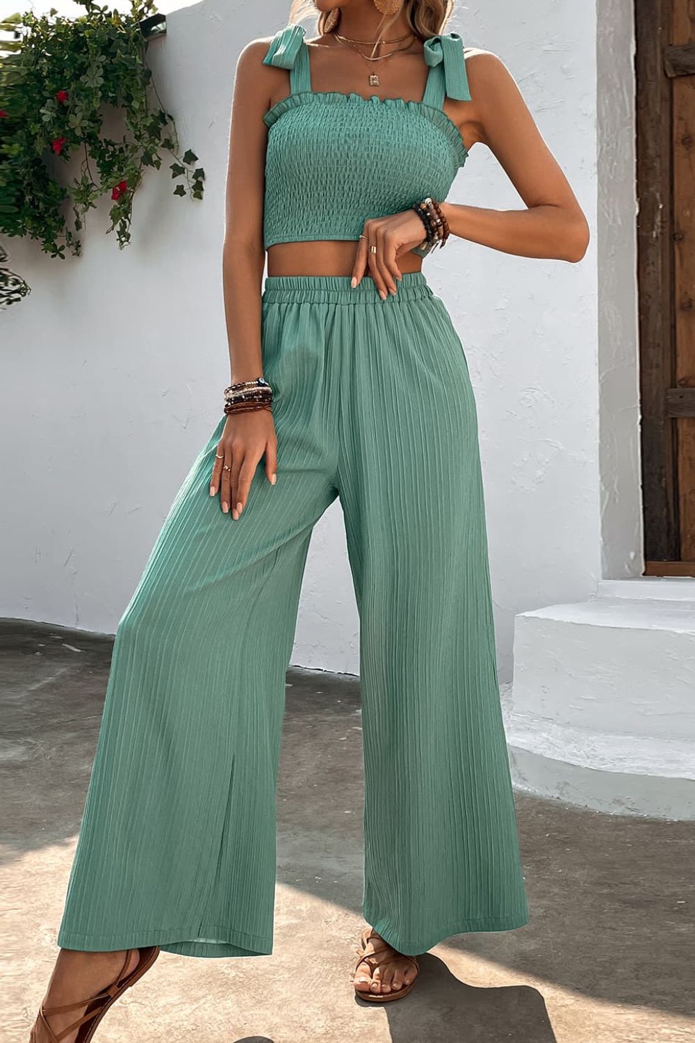 Tie Shoulder Smocked Crop Top and Wide Leg Pants Set STYLE SOURCE