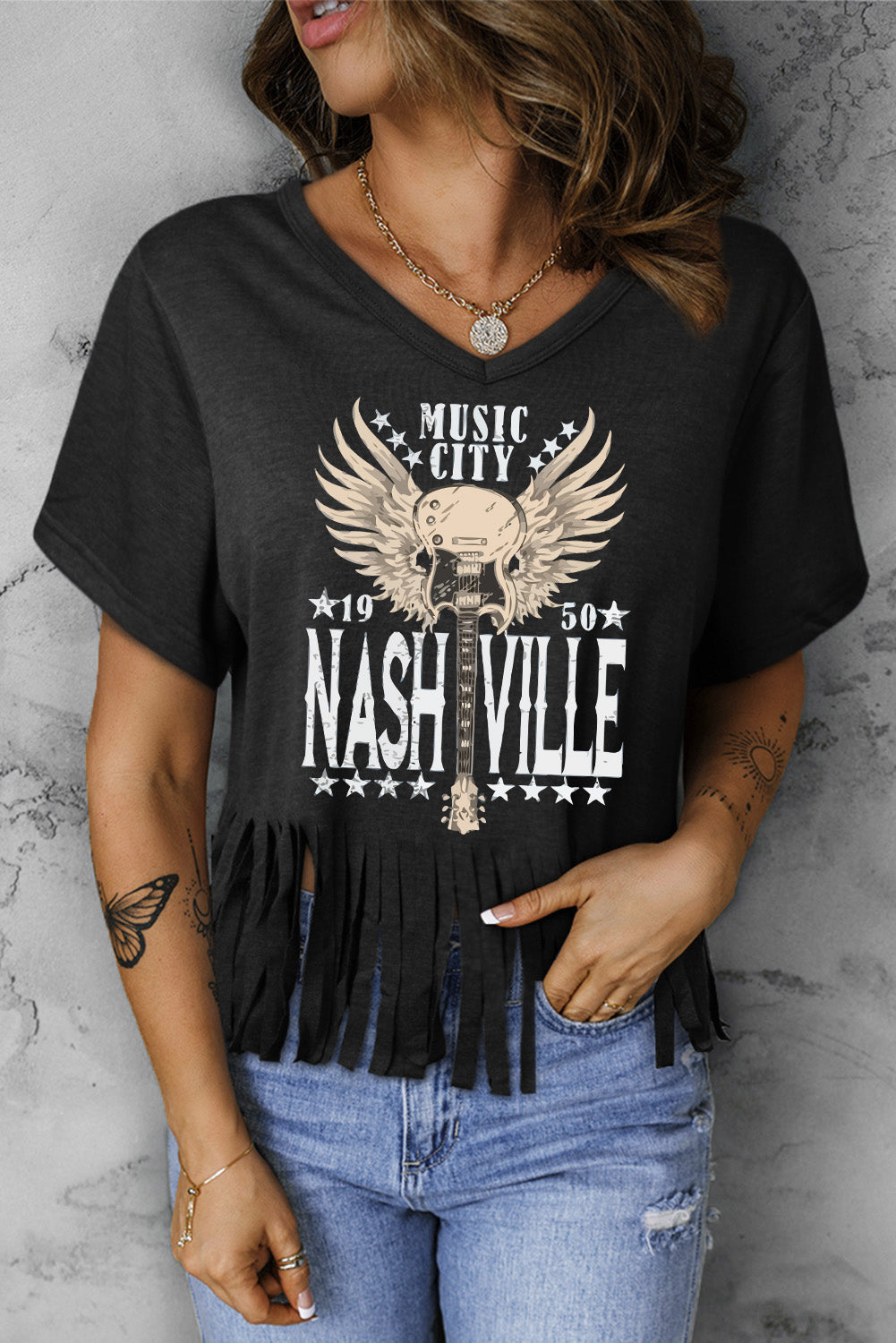 MUSIC CITY 1950 NASHVILLE Graphic Fringe Hem Tee STYLE SOURCE