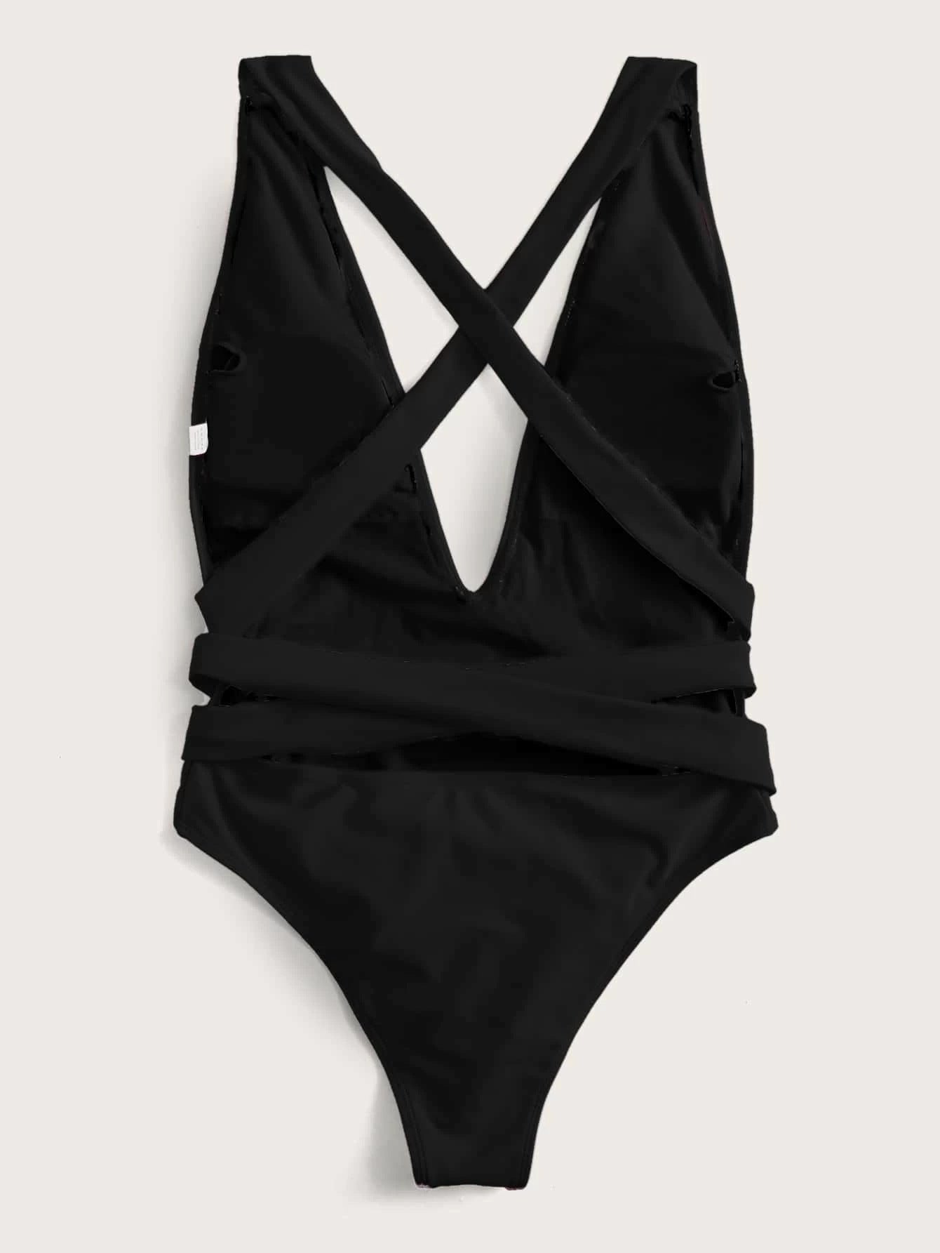 Halter Neck Deep V Tied One-Piece Swimsuit STYLE SOURCE