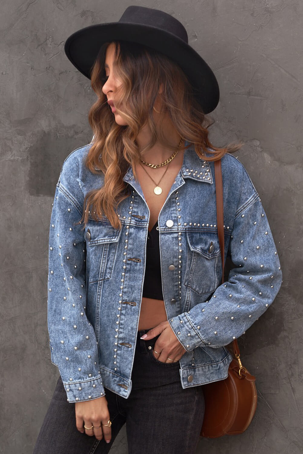 Studded Button Down Denim Jacket STYLE SOURCE