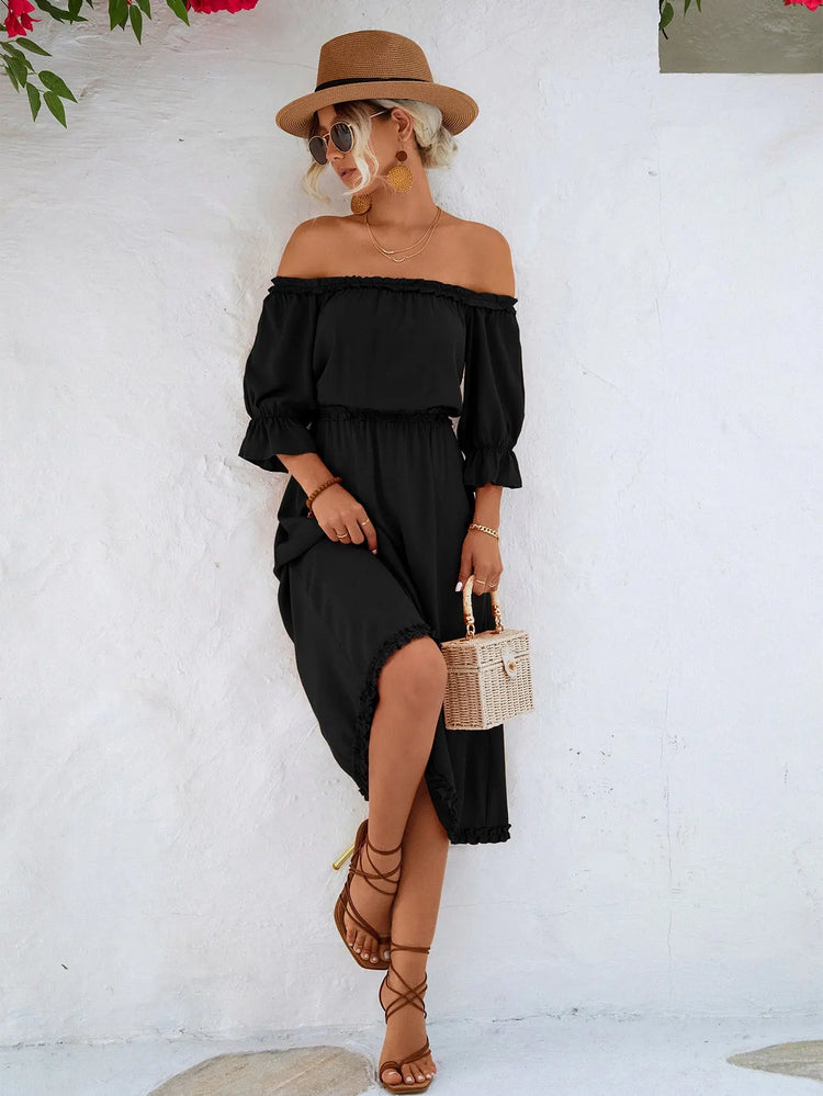 Frilled Off-Shoulder Flounce Sleeve Dress STYLE SOURCE