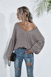 V-Neck Long Sleeve Dropped Shoulder Knit Top STYLE SOURCE