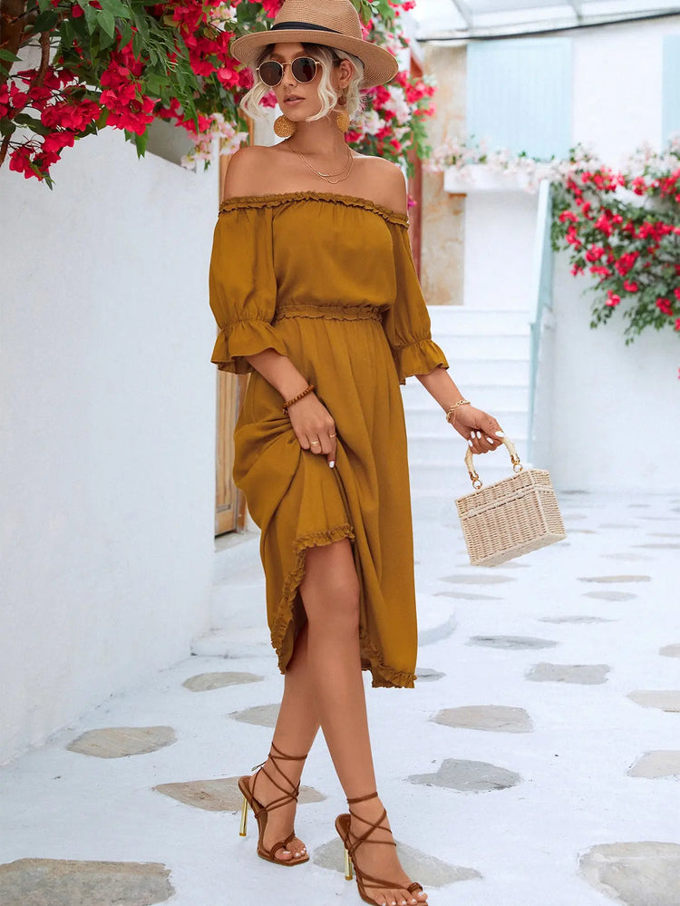 Frilled Off-Shoulder Flounce Sleeve Dress STYLE SOURCE