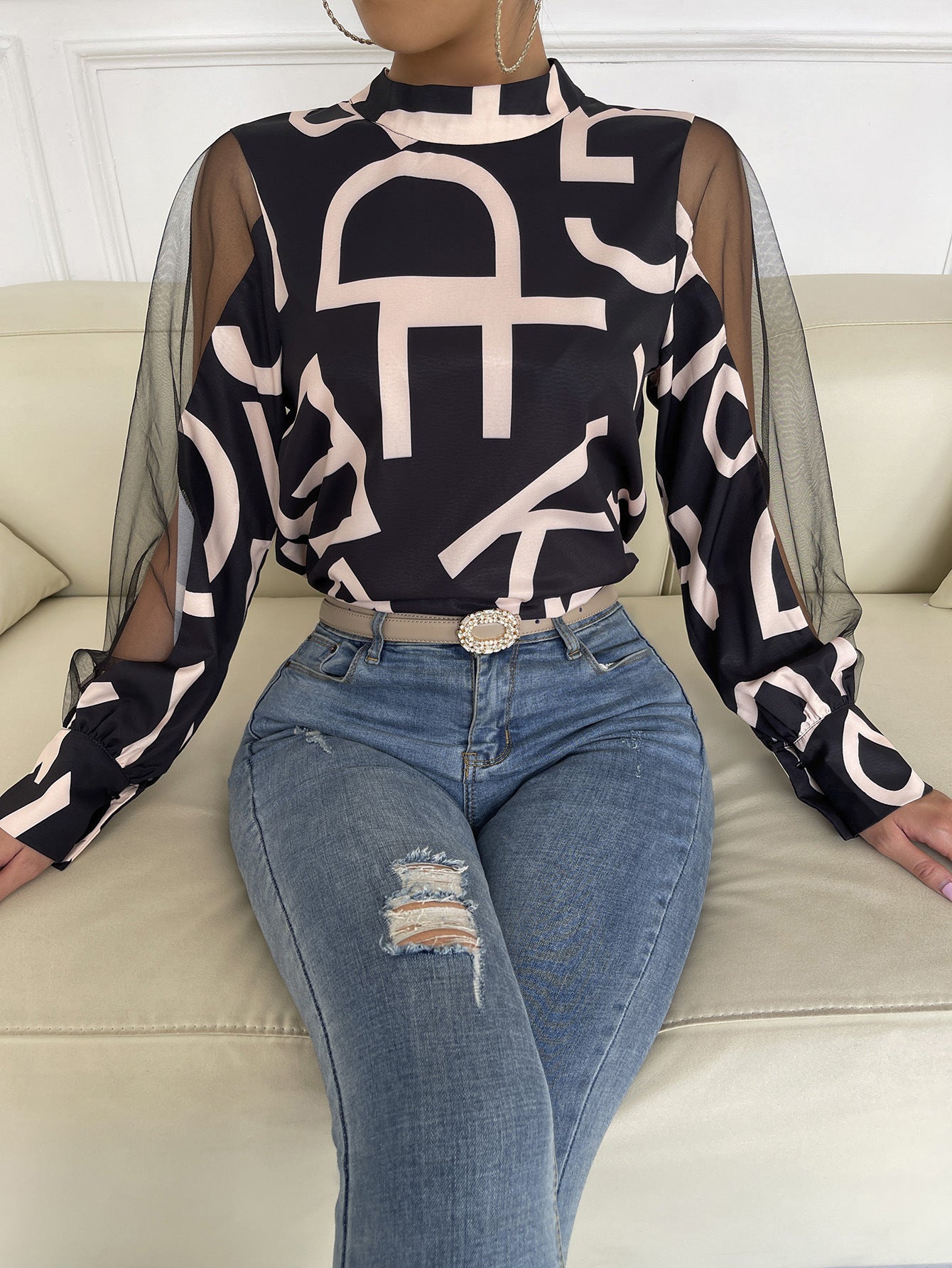 Letter Print Spliced Mesh Sleeve Blouse STYLE SOURCE