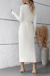 V-Neck Long Sleeve Ribbed Sweater Dress STYLE SOURCE