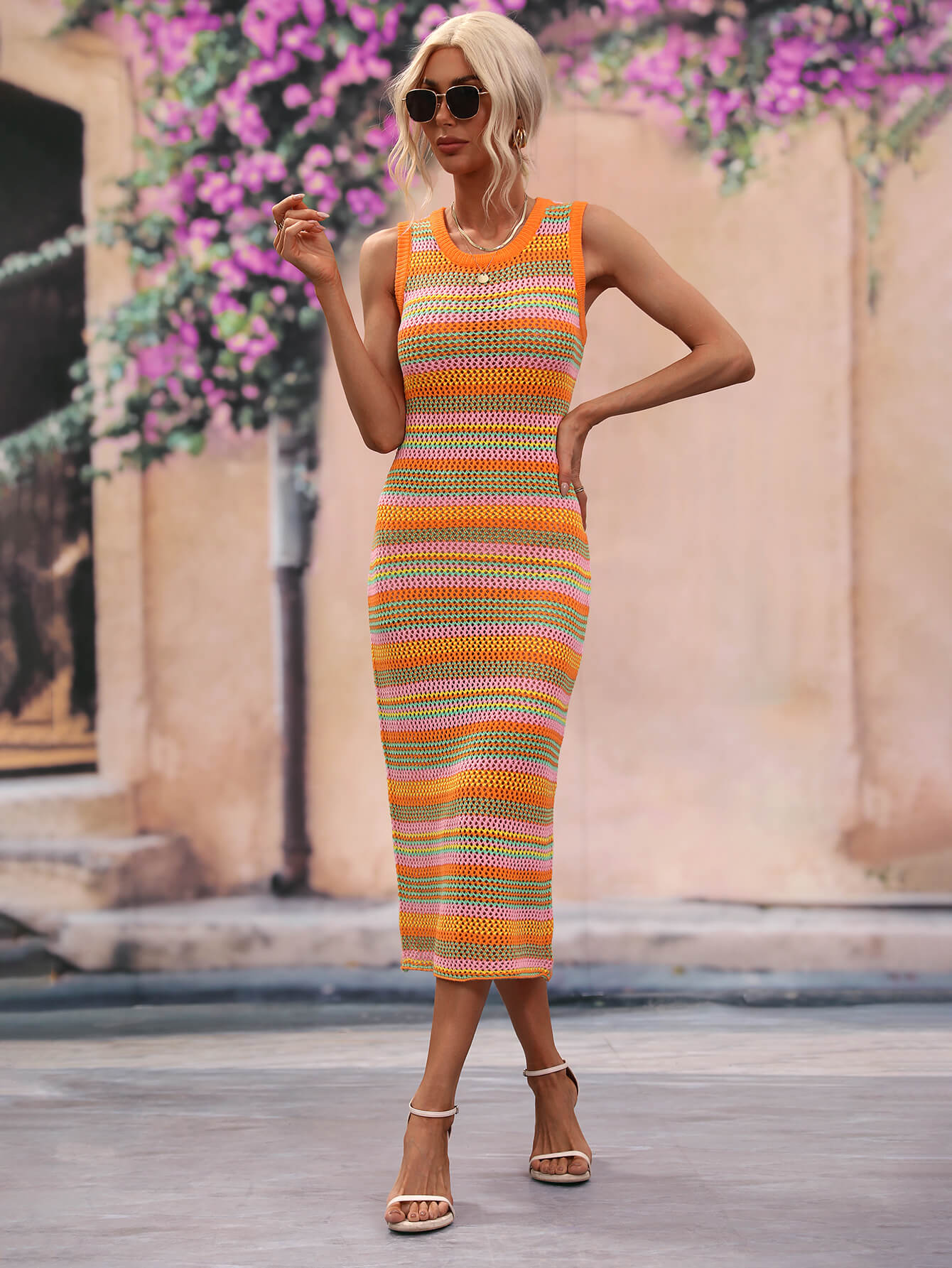 Striped Round Neck Sleeveless Midi Cover Up Dress STYLE SOURCE