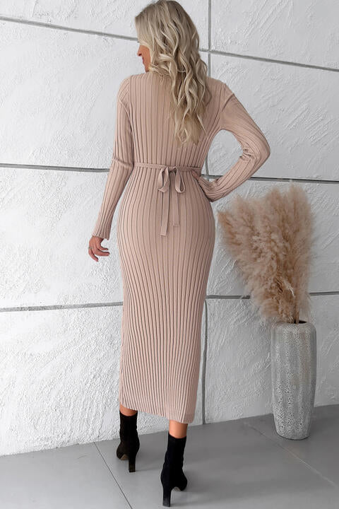 V-Neck Long Sleeve Ribbed Sweater Dress STYLE SOURCE