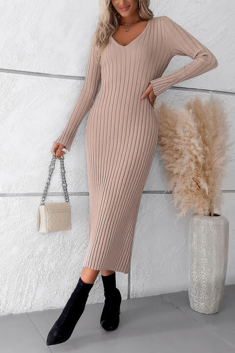 V-Neck Long Sleeve Ribbed Sweater Dress STYLE SOURCE