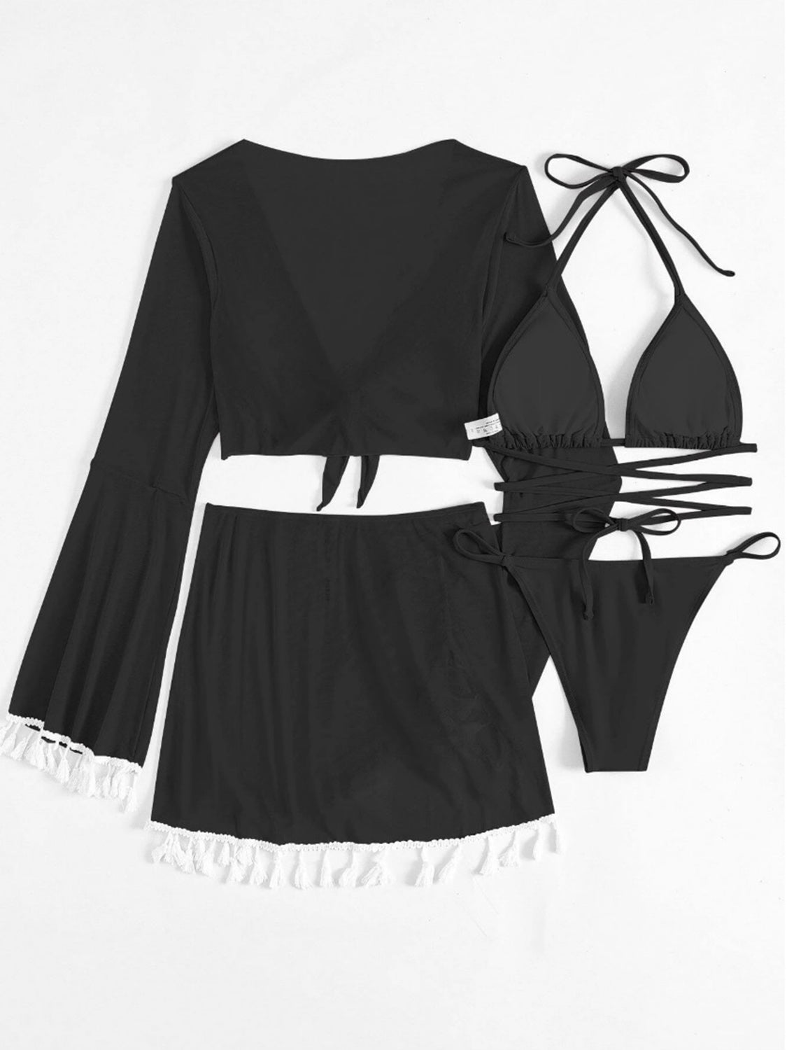 Halter Neck Bra, Bottom, Tassel Flare Sleeve Cover-Up and Skirt Four-Piece Swim Set STYLE SOURCE