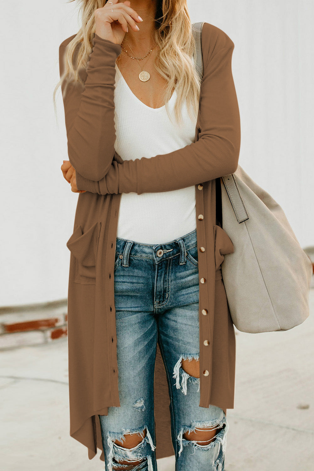 V-Neck Long Sleeve Cardigan with Pocket STYLE SOURCE