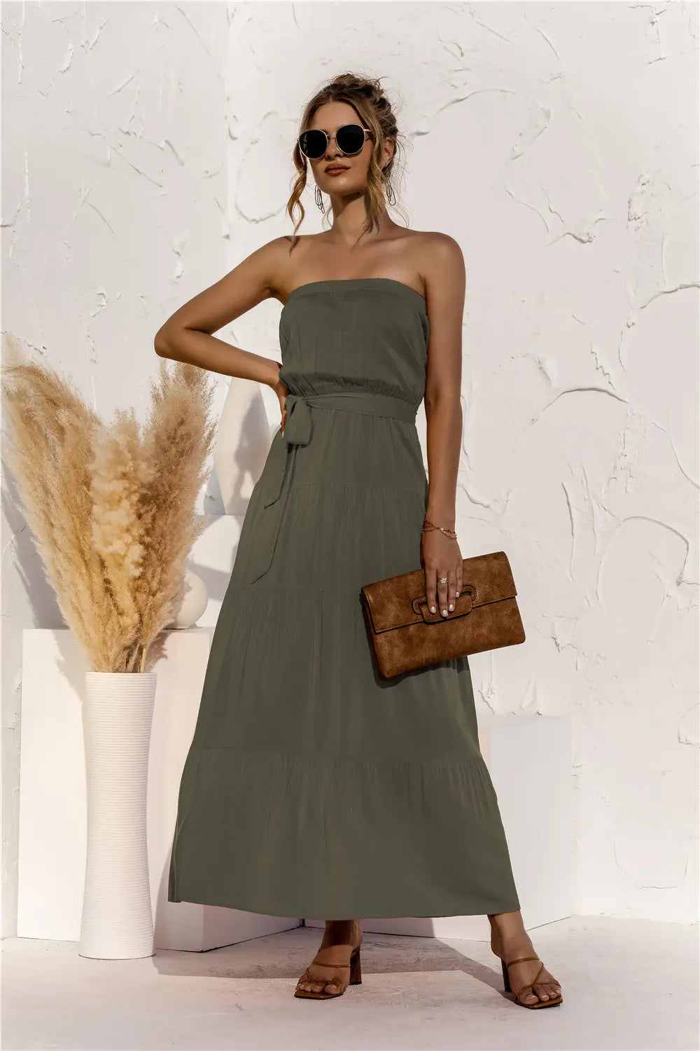 Strapless Tie Waist Tiered Maxi Dress STYLE SOURCE