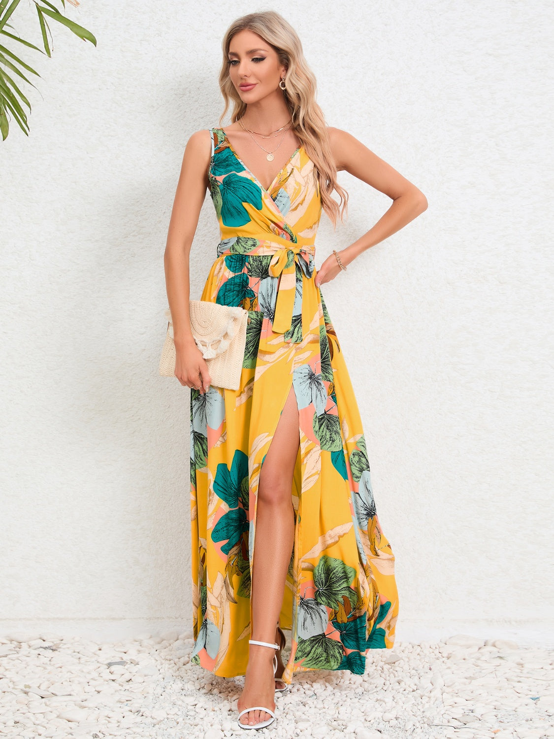 Slit Tied Printed Surplice Dress STYLE SOURCE