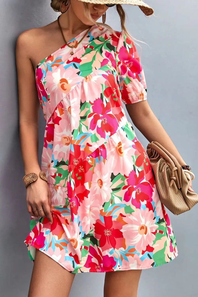 Floral One-Shoulder Puff Sleeve Dress STYLE SOURCE