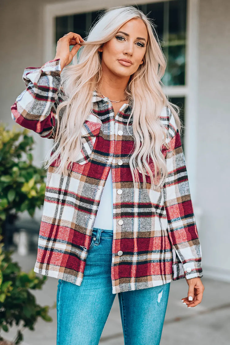 Plaid Button Front Shirt Jacket with Breast Pockets STYLE SOURCE