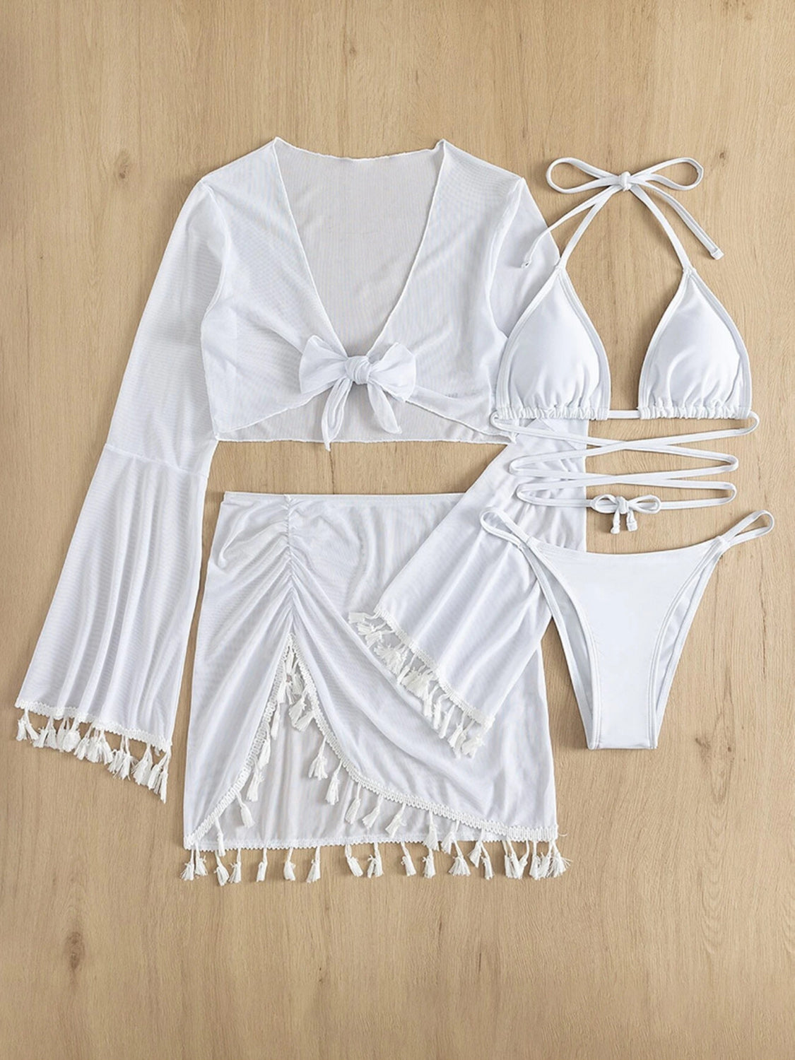 Halter Neck Bra, Bottom, Tassel Flare Sleeve Cover-Up and Skirt Four-Piece Swim Set STYLE SOURCE