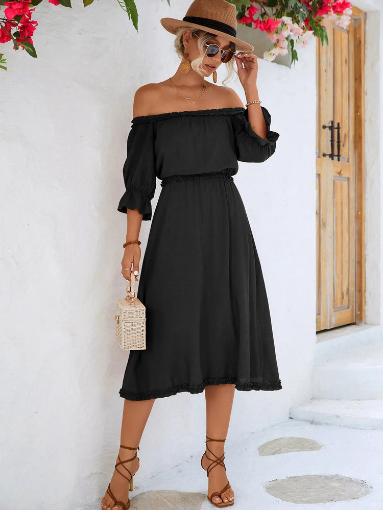 Frilled Off-Shoulder Flounce Sleeve Dress STYLE SOURCE