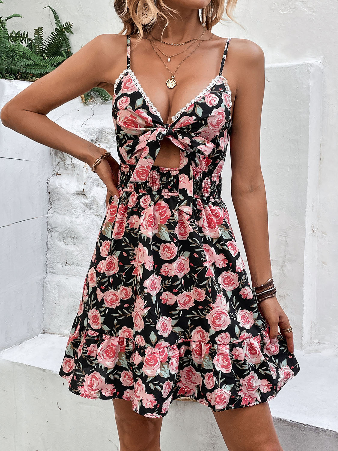 Tied Rose Print Spaghetti Strap Dress STYLE SOURCE