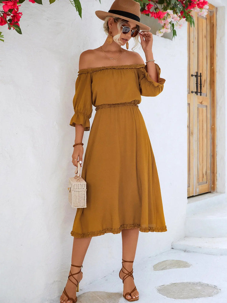 Frilled Off-Shoulder Flounce Sleeve Dress STYLE SOURCE