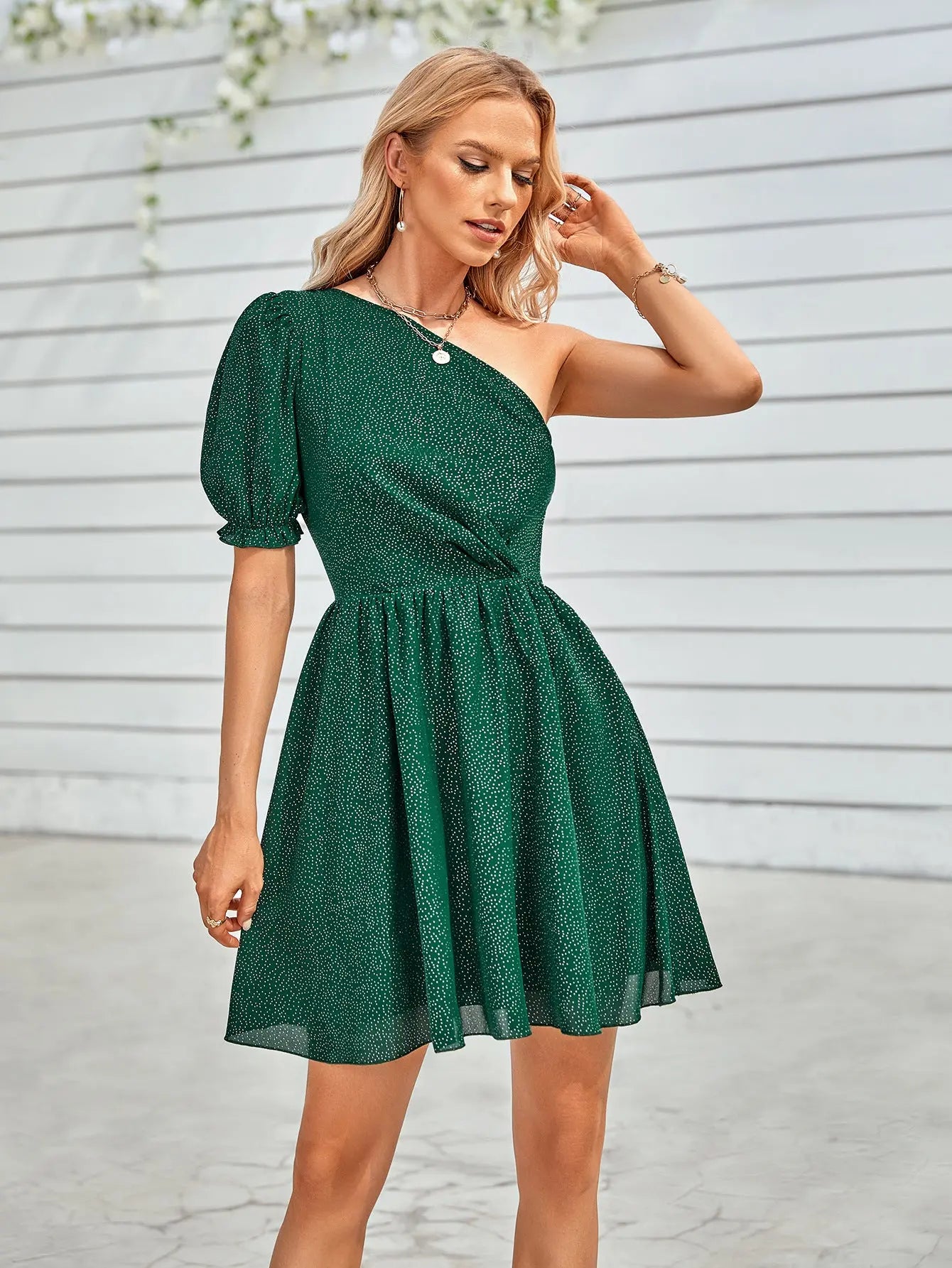 One-Shoulder Puff Sleeve A-Line Dress STYLE SOURCE