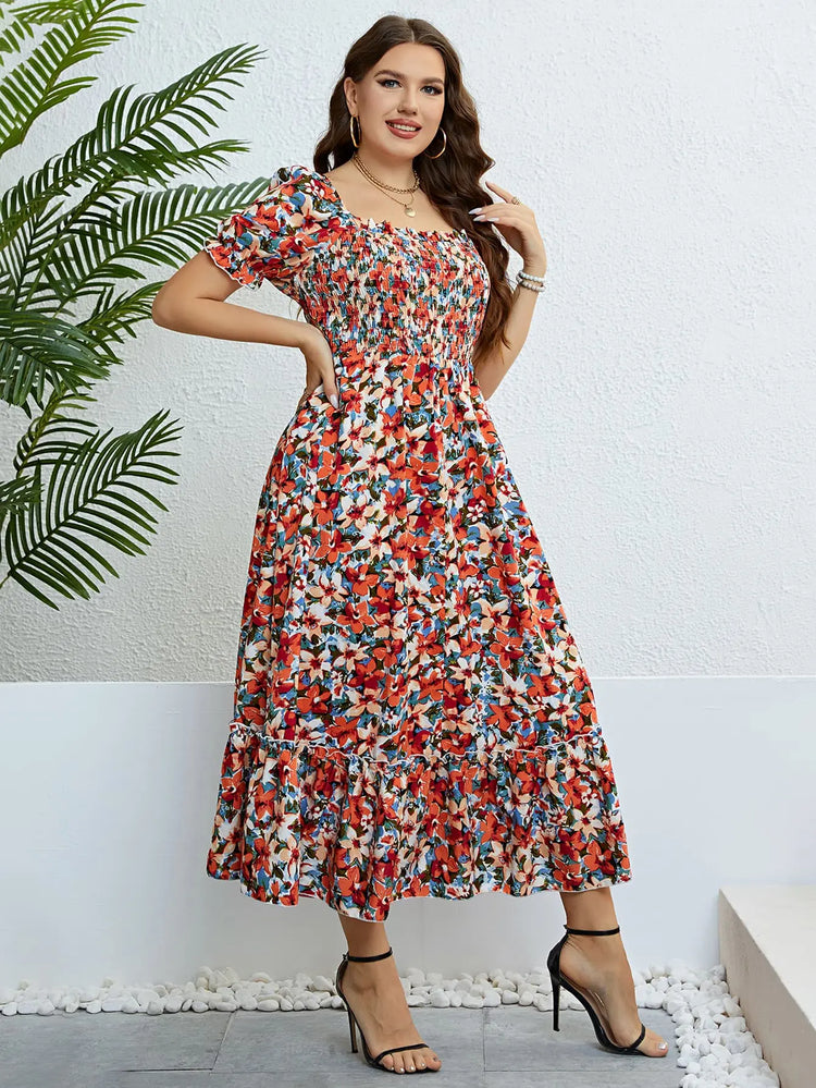 Plus Size Floral Smocked Square Neck Dress STYLE SOURCE