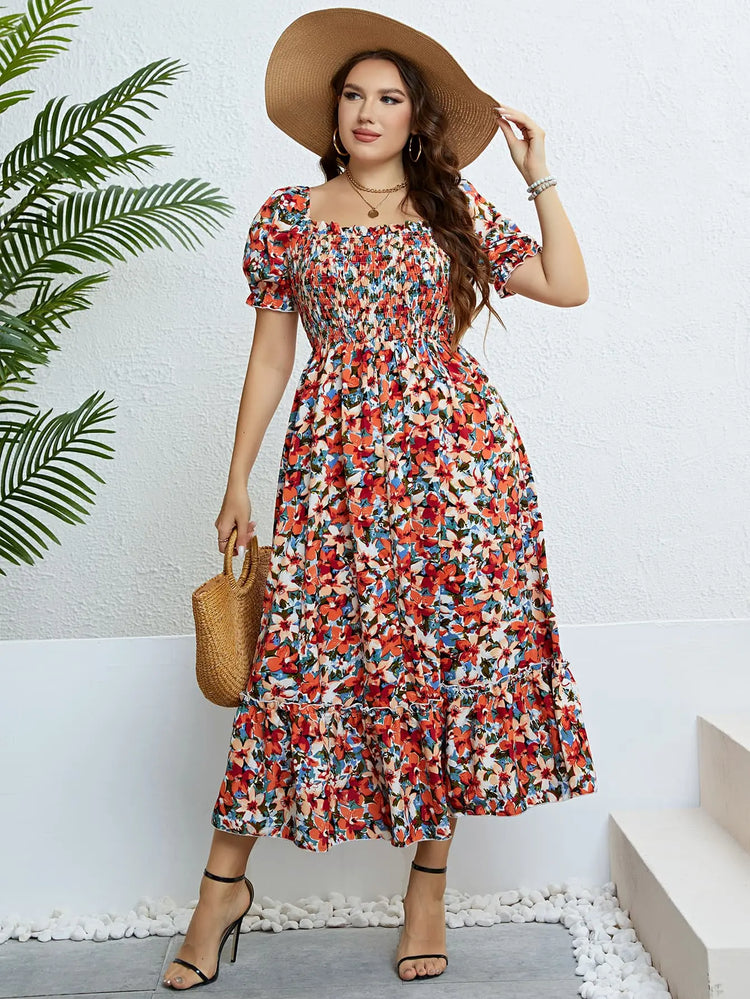 Plus Size Floral Smocked Square Neck Dress STYLE SOURCE