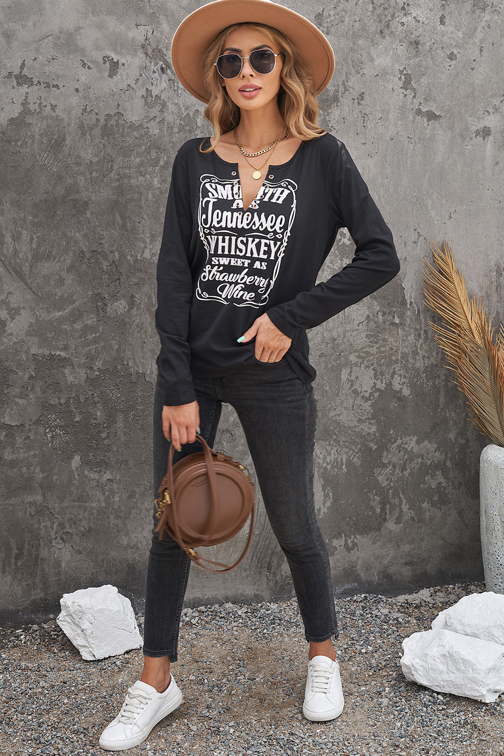 Letter Graphic Notched Long Sleeve T-Shirt STYLE SOURCE