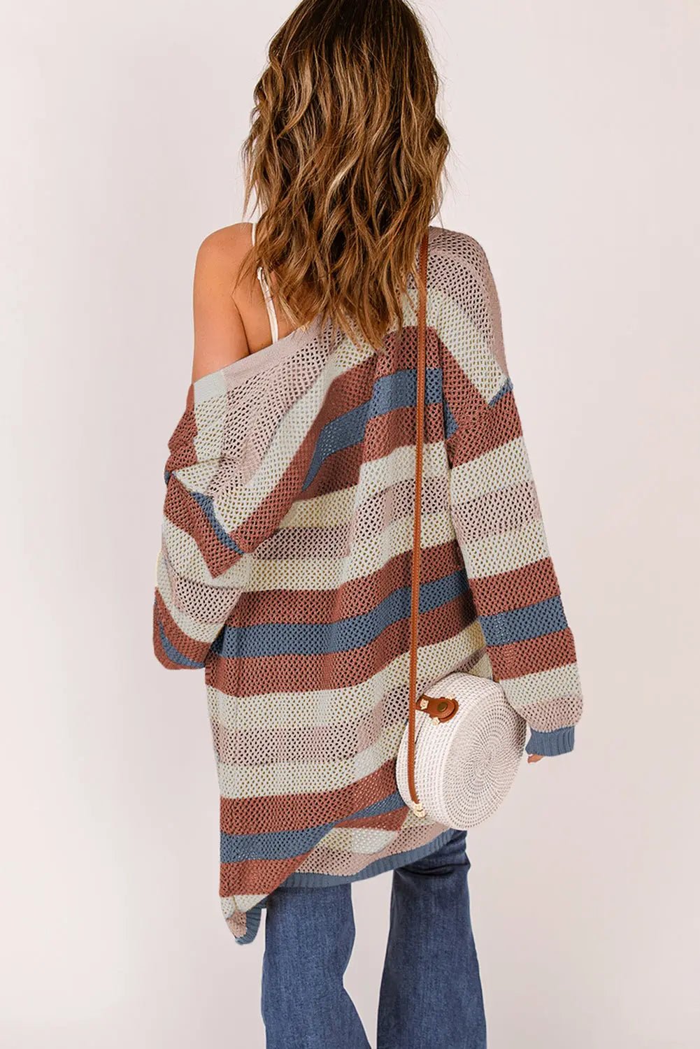Full Size Striped Long Sleeve Openwork Cardigan STYLE SOURCE